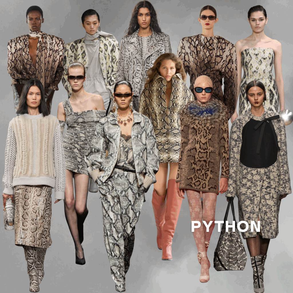 Exotische Prints auf Kleidung wie Python Muster sind In.