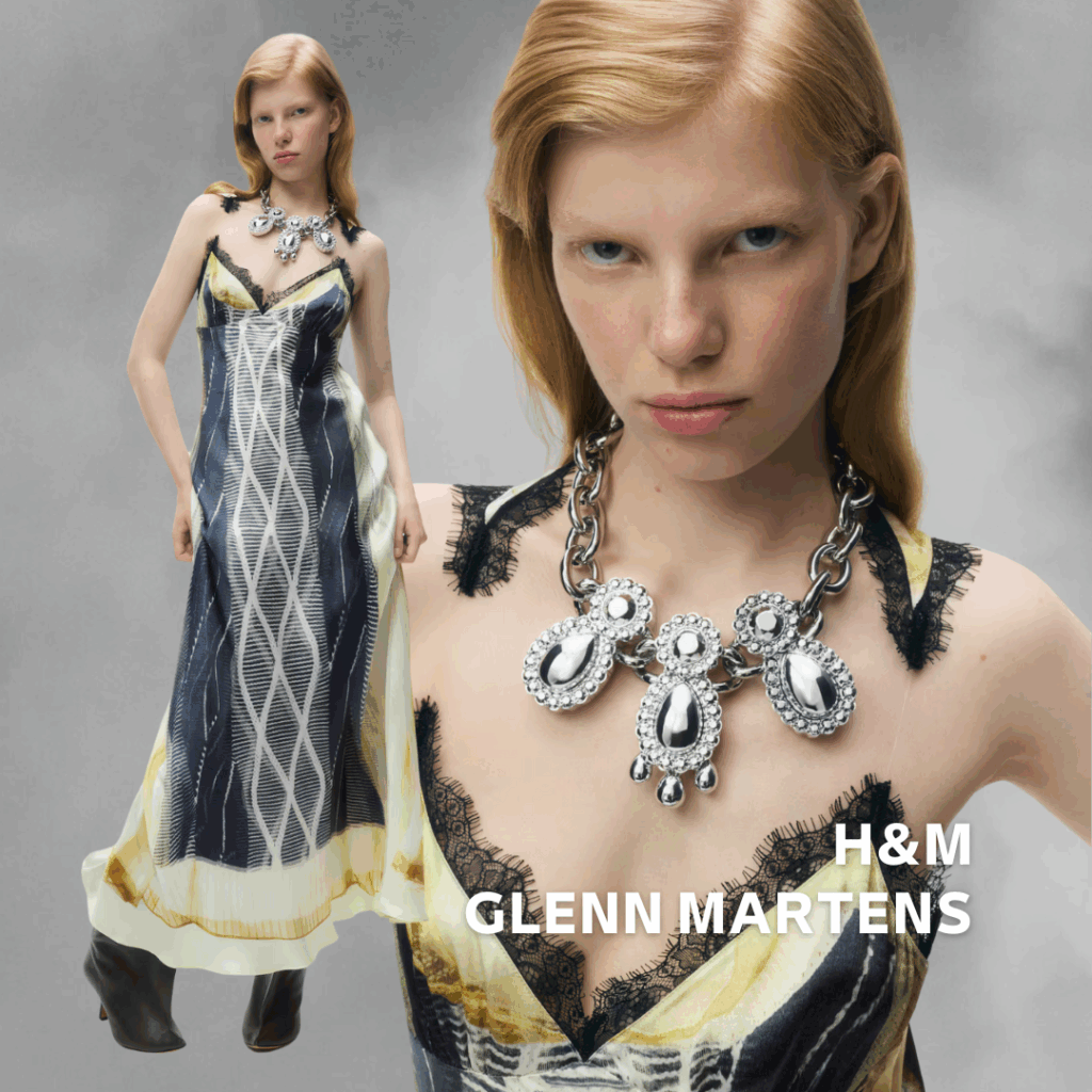 Bedrucktes Kleid mit großem Silber Collier von Glenn Martens für H&M